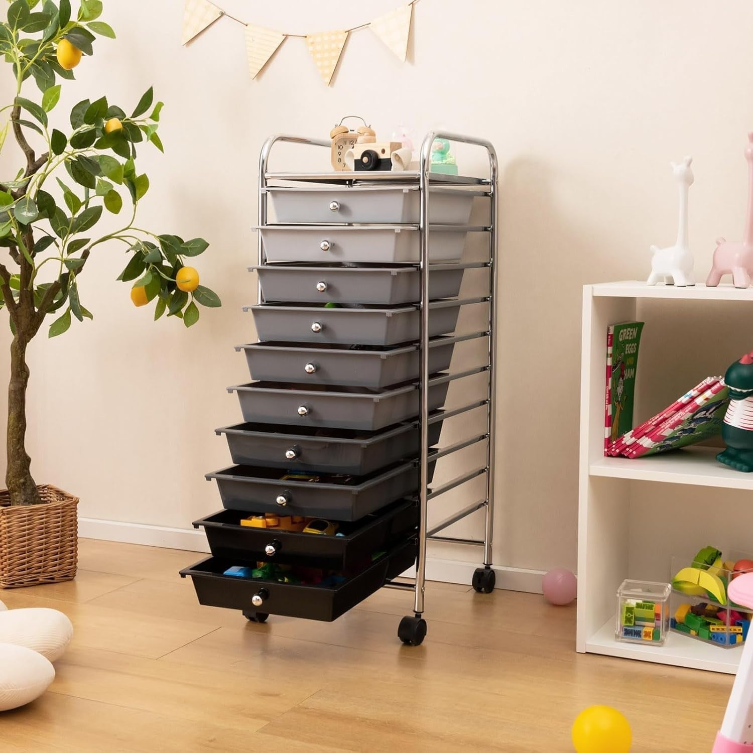 Gradient Black 10 Drawer Rolling Storage Trolley Salon Organizer Cart