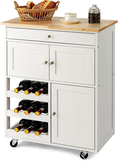 Kitchen Island Trolley on Wheels with Wine Rack Drawer Storage Wood Top