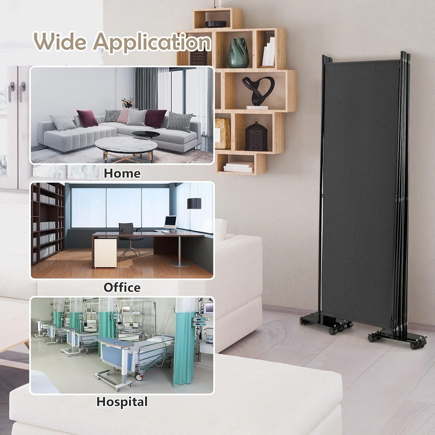 6 Panel Grey Folding Room Divider Privacy Screen on Wheels for Home Office