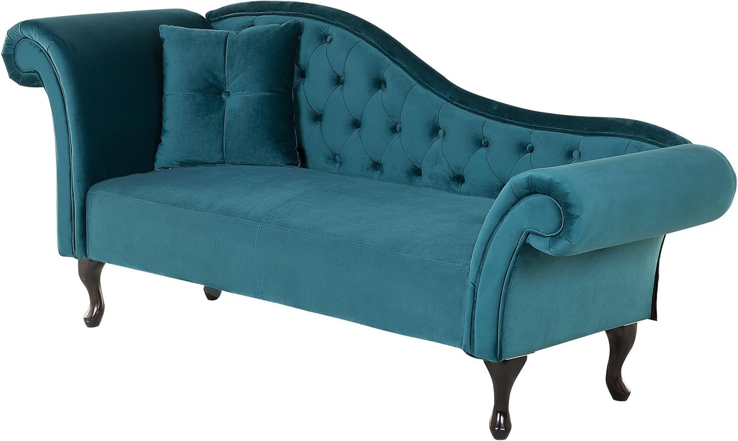 Vintage Teal Velvet Left Hand Chaise Lounge Button Tufted Wood Legs