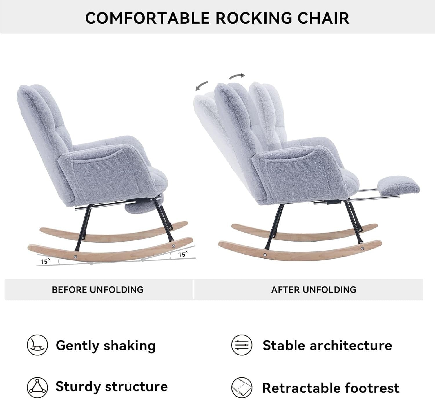 Ergonomic Nursing Rocking Chair with Footstool, Soft Teddy Fabric, Gray