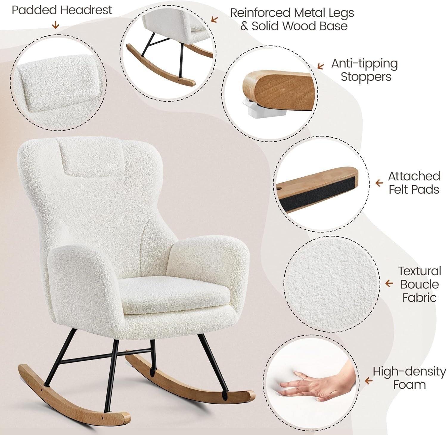 Rocking Armchair Boucle Fabric for Adults, Solid Wood Base, Cozy Lounge Chair