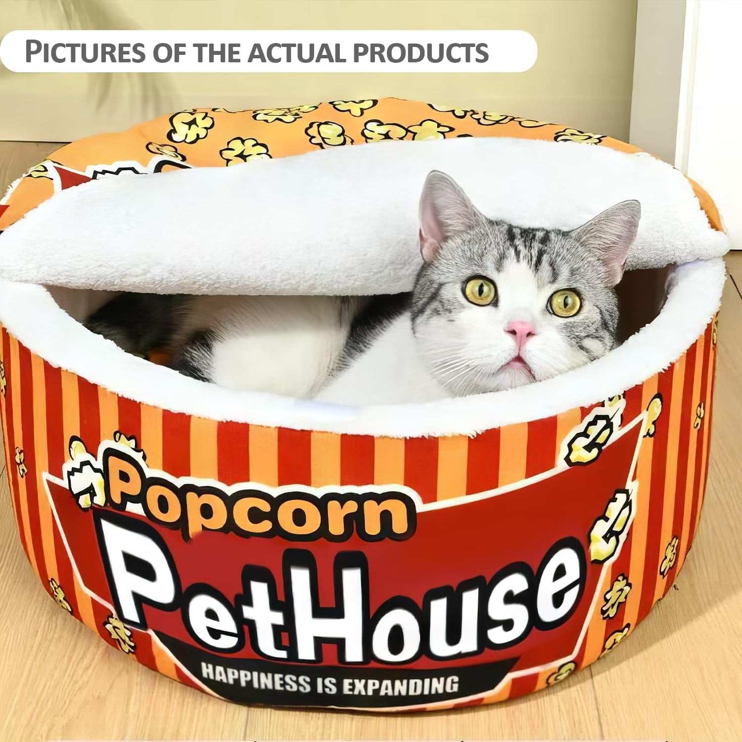 Cat Cave Bed Noodle Cup Warm Hideaway Pet House Non Slip Popcorn