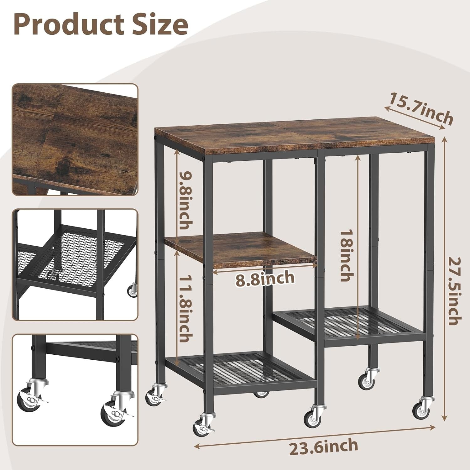 4 Tier Kitchen Storage Rack on Wheels Coffee Bar Baker’s Trolley Rustic