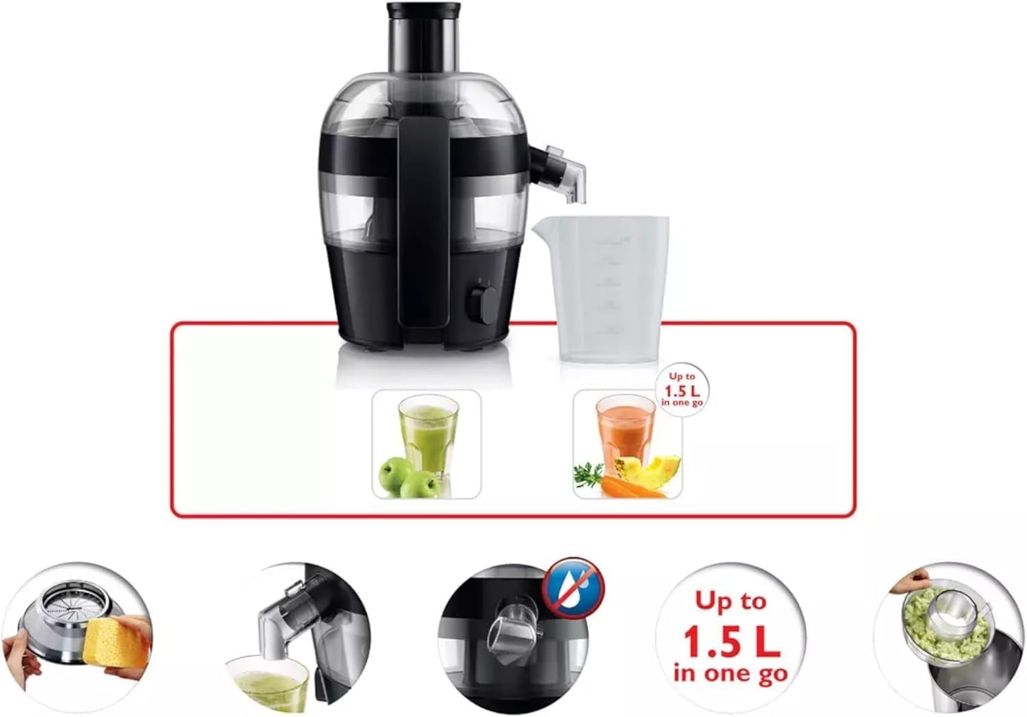 Compact Juicer 500W 1.5L Capacity Quick Clean Drip Stop Dishwasher Safe