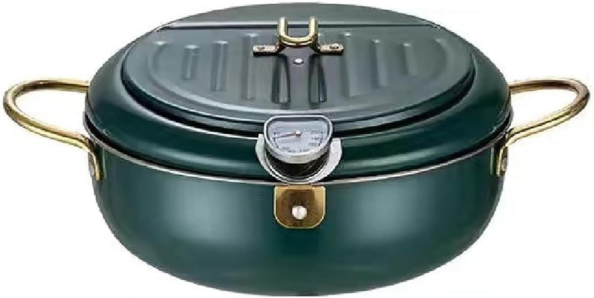Stainless Steel Tempura Fryer Pot 24.8cm w Thermometer Lid Oil Pour
