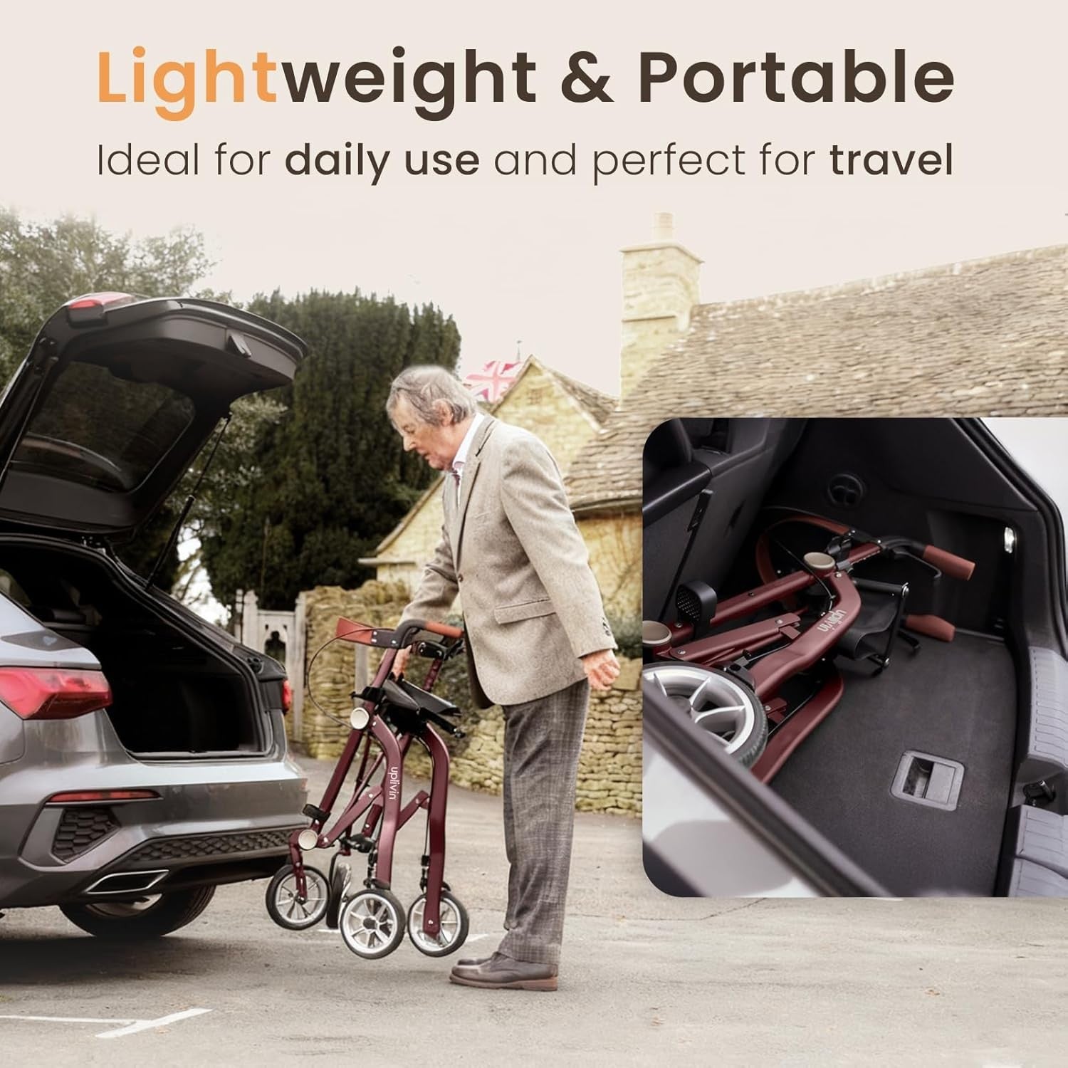 Luxury Lightweight Rollator Walker Seat 4 Wheel Dual Folding Aluminium