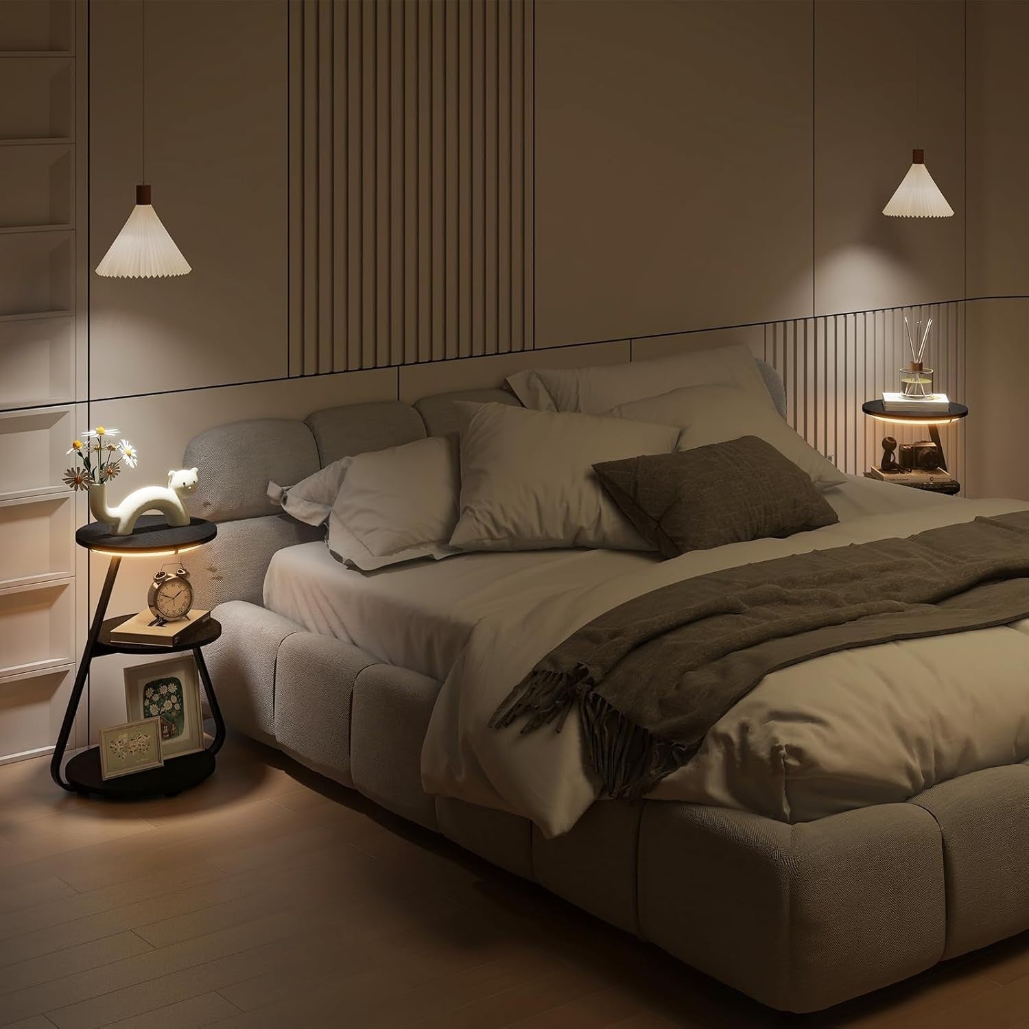 Set of 2 LED Bedside Tables – 3 Tier Round End Tables with Storage Black