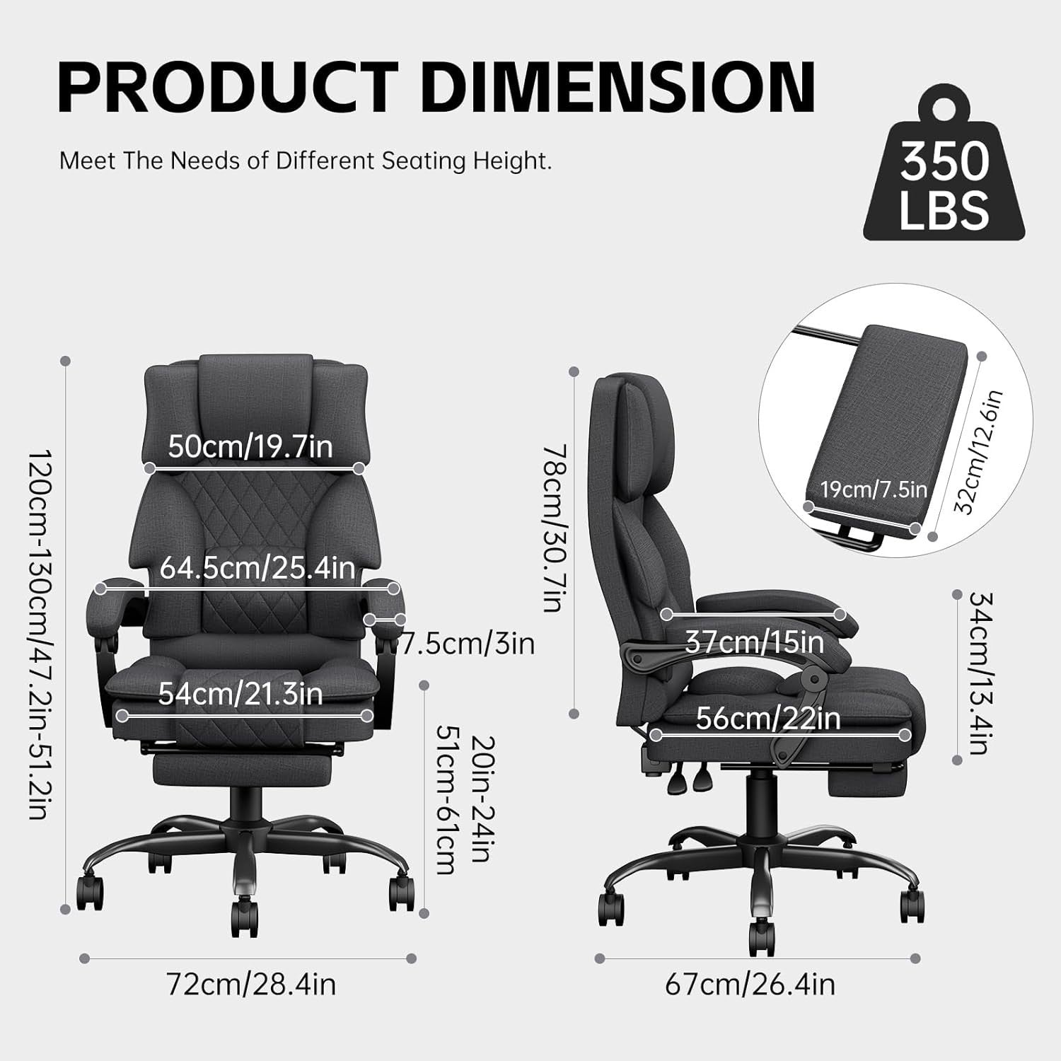 Ergonomic Office Chair Recliner Footrest Fabric Desk Computer Seat 350lb Deep Gr