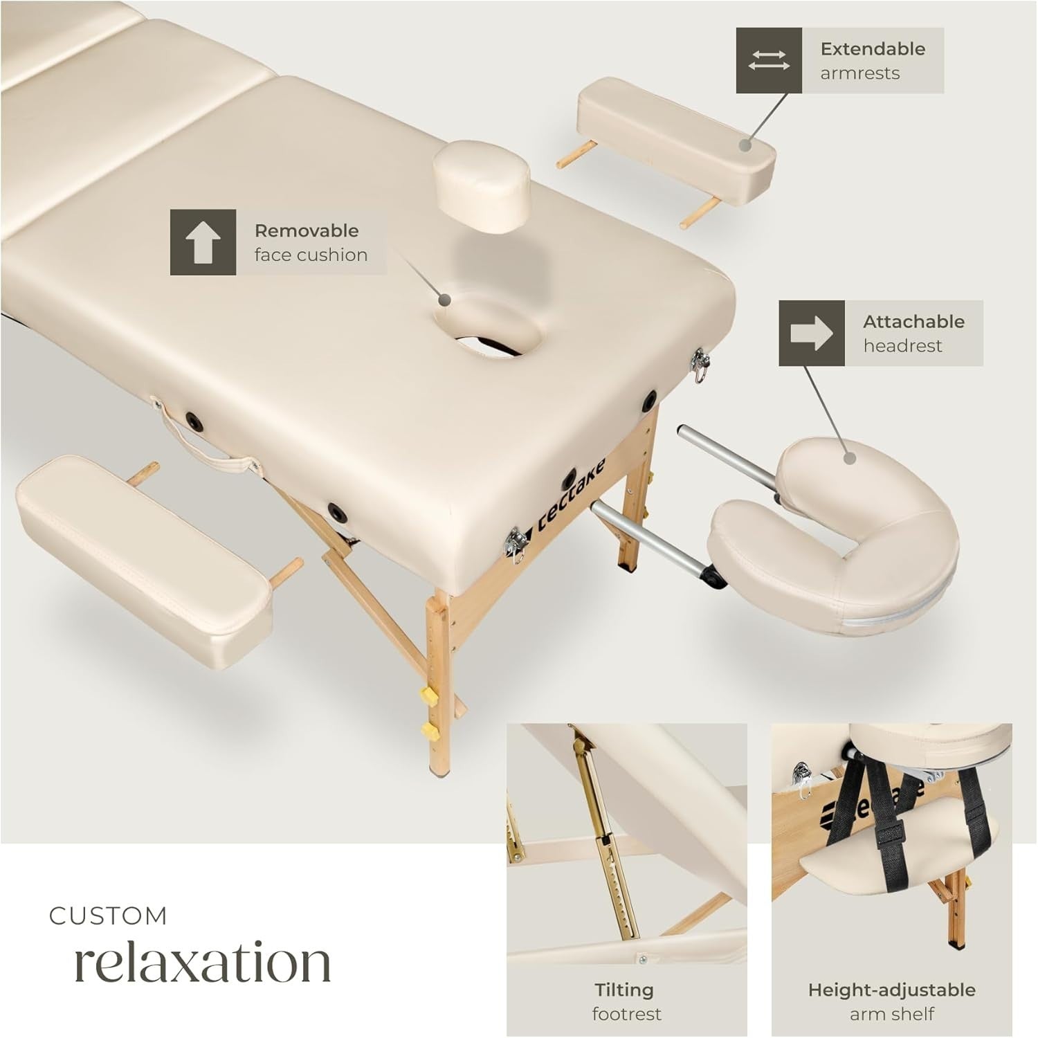 Portable Massage Beauty Bed Foldable Adjustable Spa Therapy Table 70cm Beige