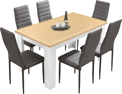 Modern 6-Seater Dining Table Set Grey | Solid Wood Table, PU Leather Chairs