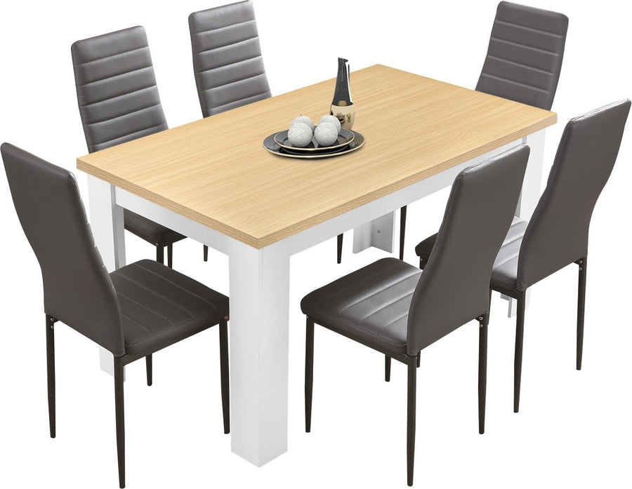 Modern 6-Seater Dining Table Set Grey | Solid Wood Table, PU Leather Chairs