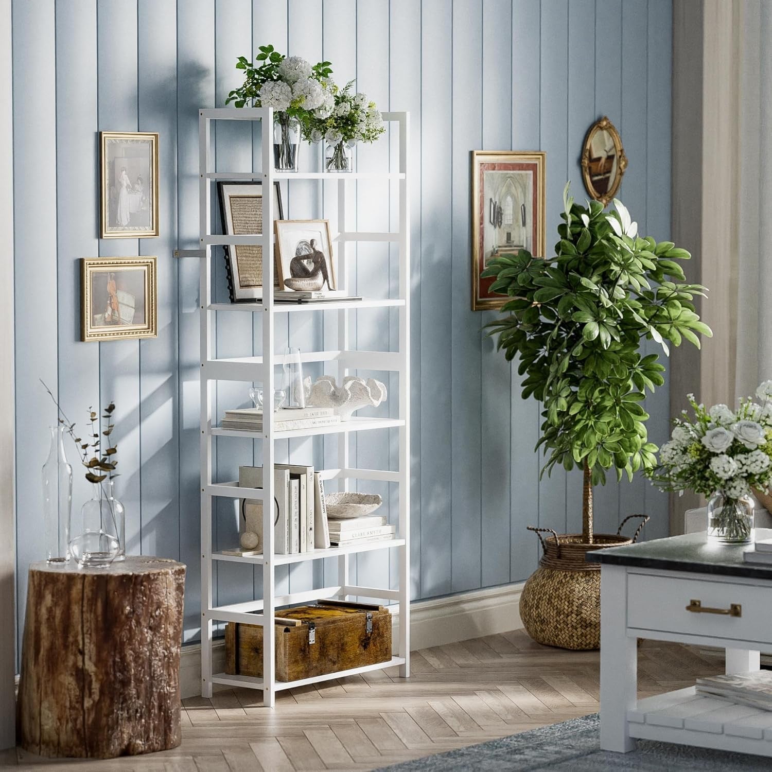 White 5-Tier Industrial Bookshelf, Tall Bamboo Frame Display Storage Unit