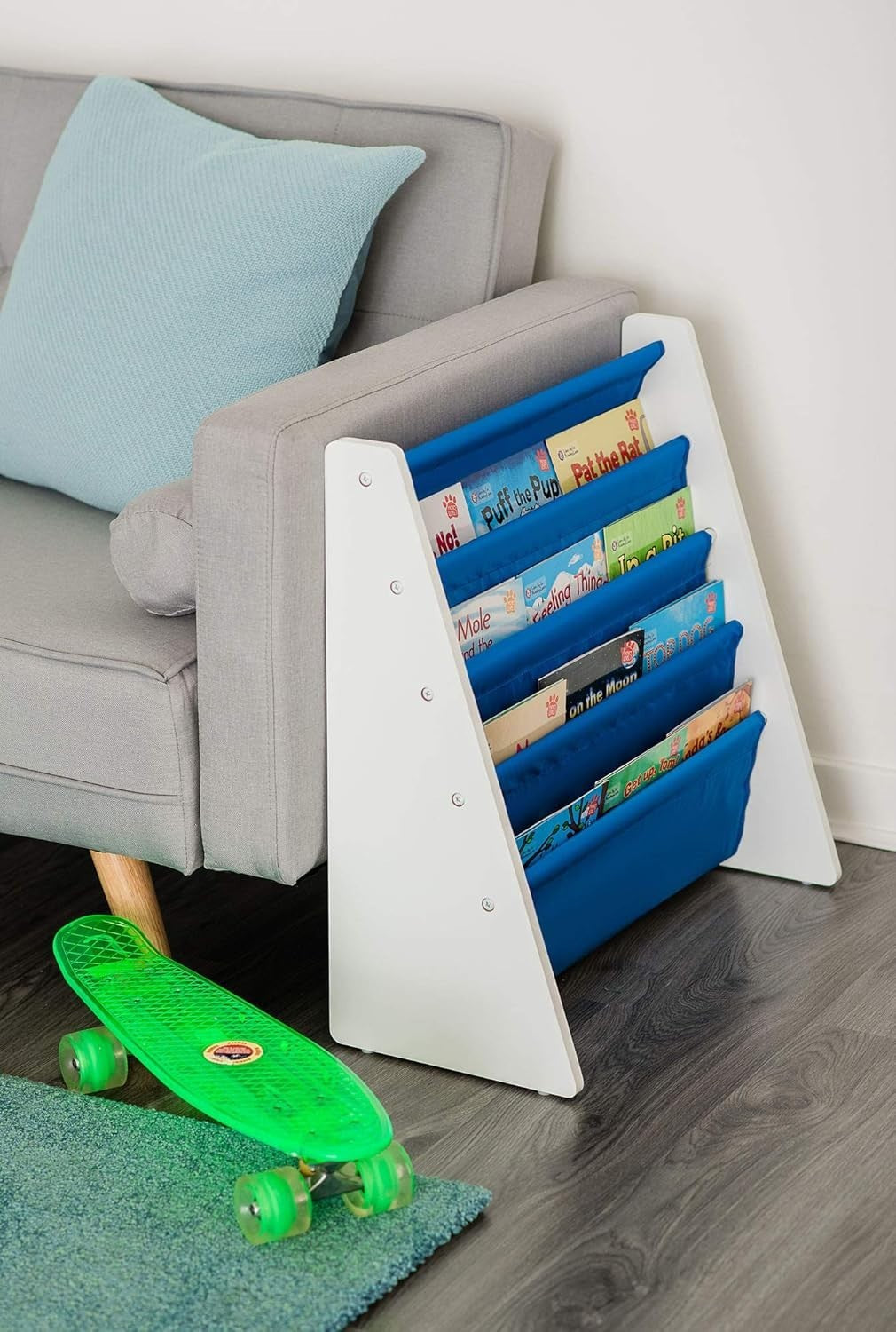 Kids Blue Sling Bookshelf – 4-Tier Wooden Book Storage with Nylon Fabric Shelves