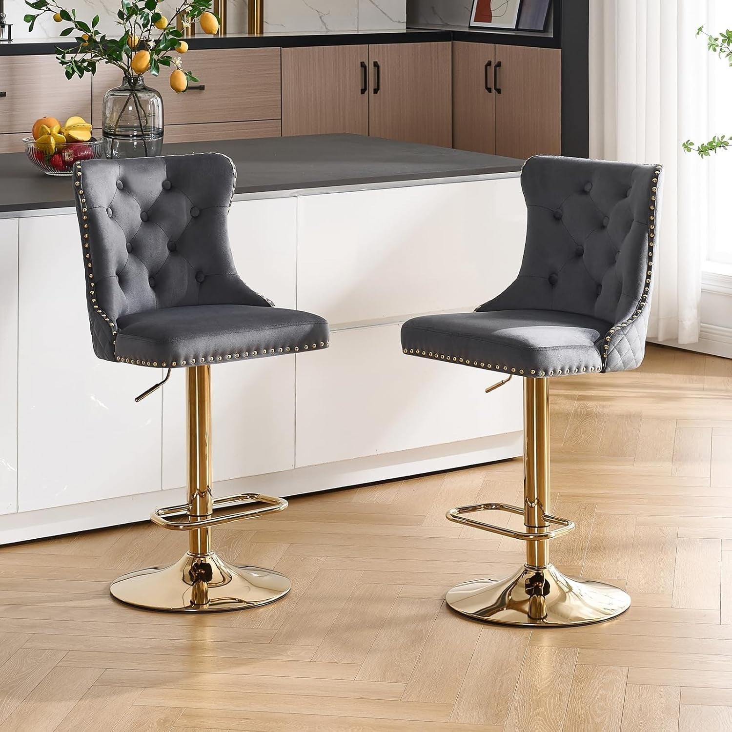 Velvet Bar Stools Set of 2 Dark Grey Gold Legs Adjustable Swivel Chairs