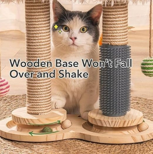 Wooden Cat Scratching Post Tower with Sisal Perch Toys for Indoor Cats