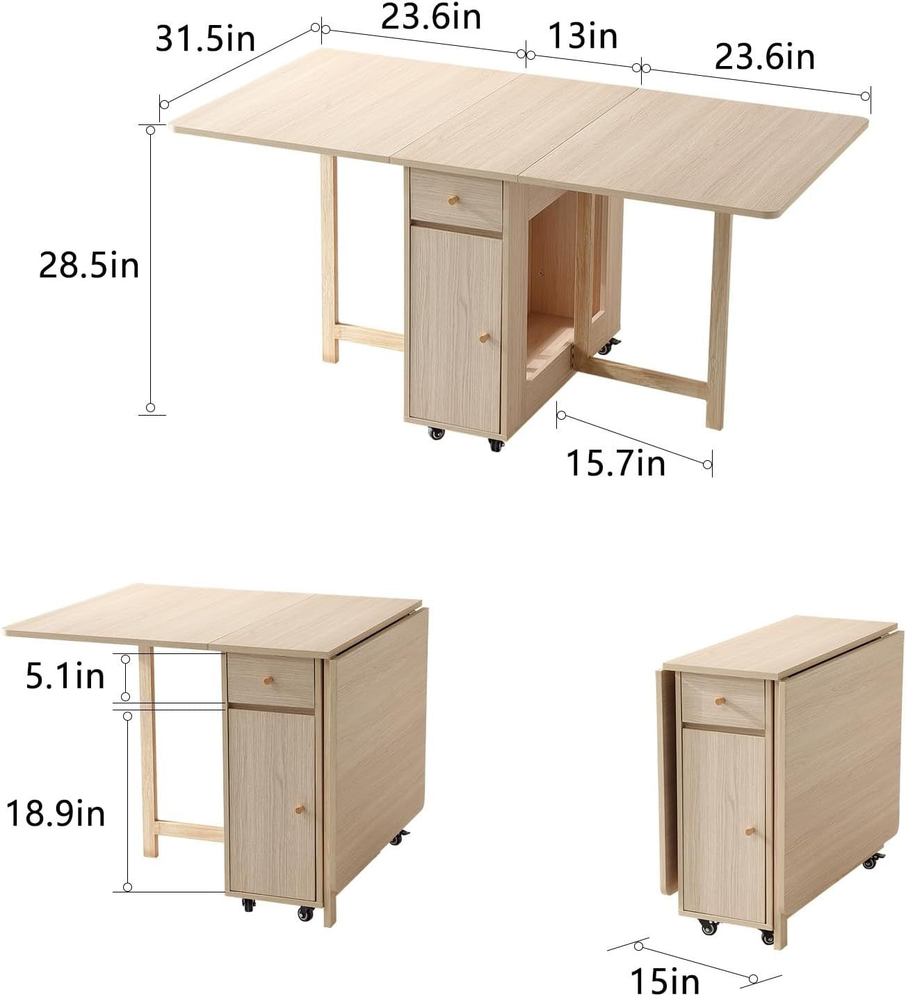 Extendable Folding Dining Table with Drawers & Wheels for Small Spaces