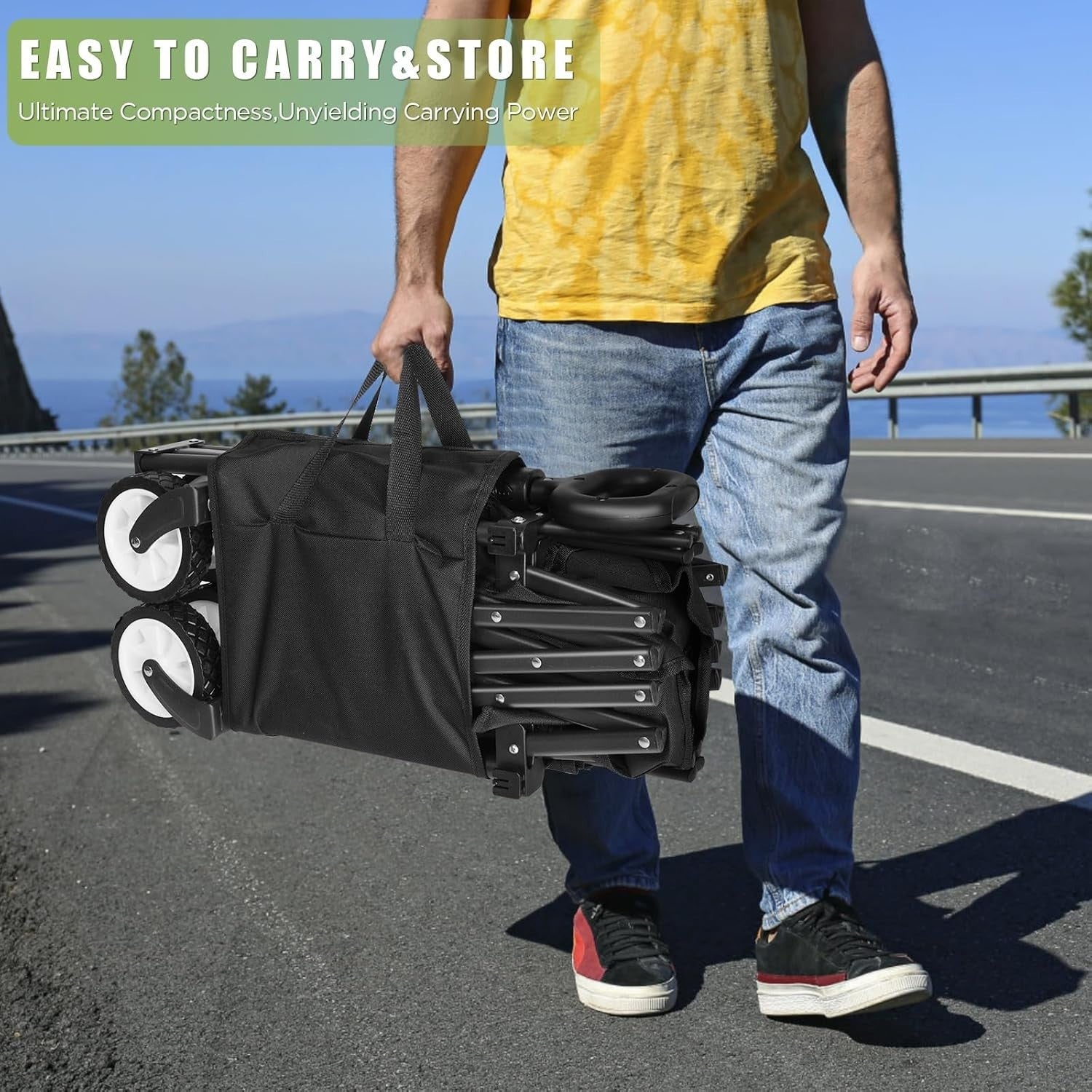 Black Heavy Duty Folding Wagon 100L All-Terrain Garden Camping Beach Trolley