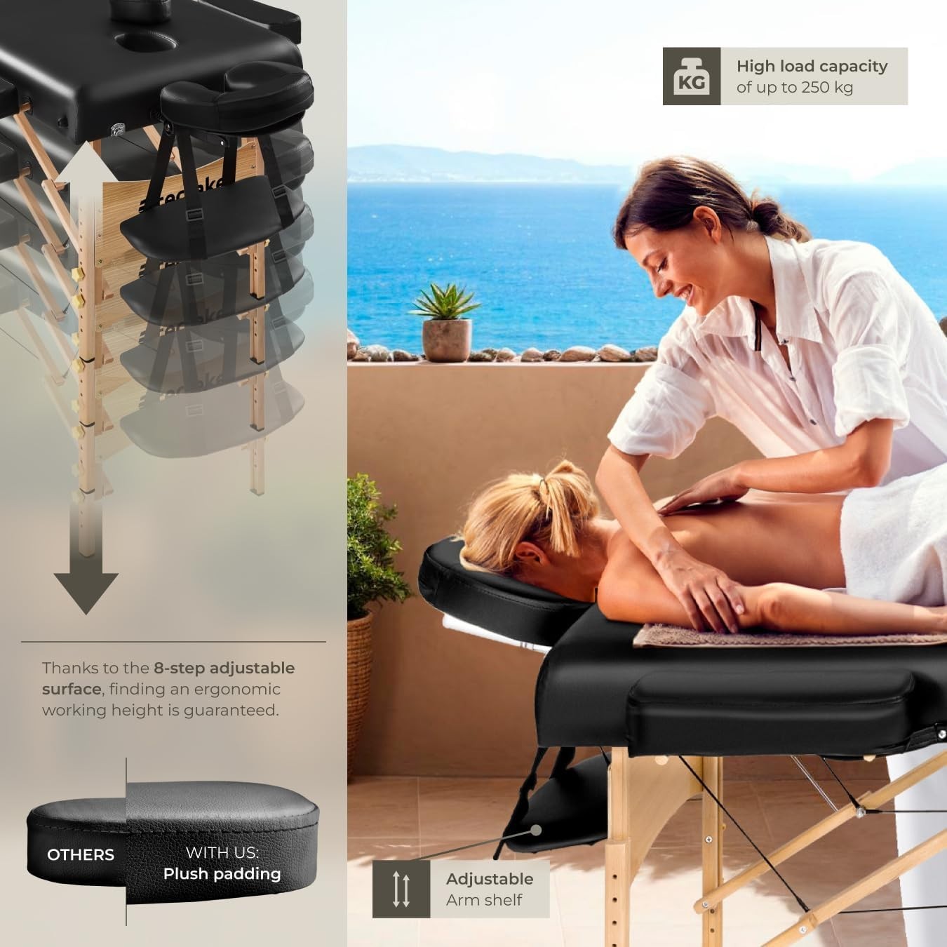 Portable Massage Table Foldable Beech Frame 7.5cm Padded Beauty Bed Black