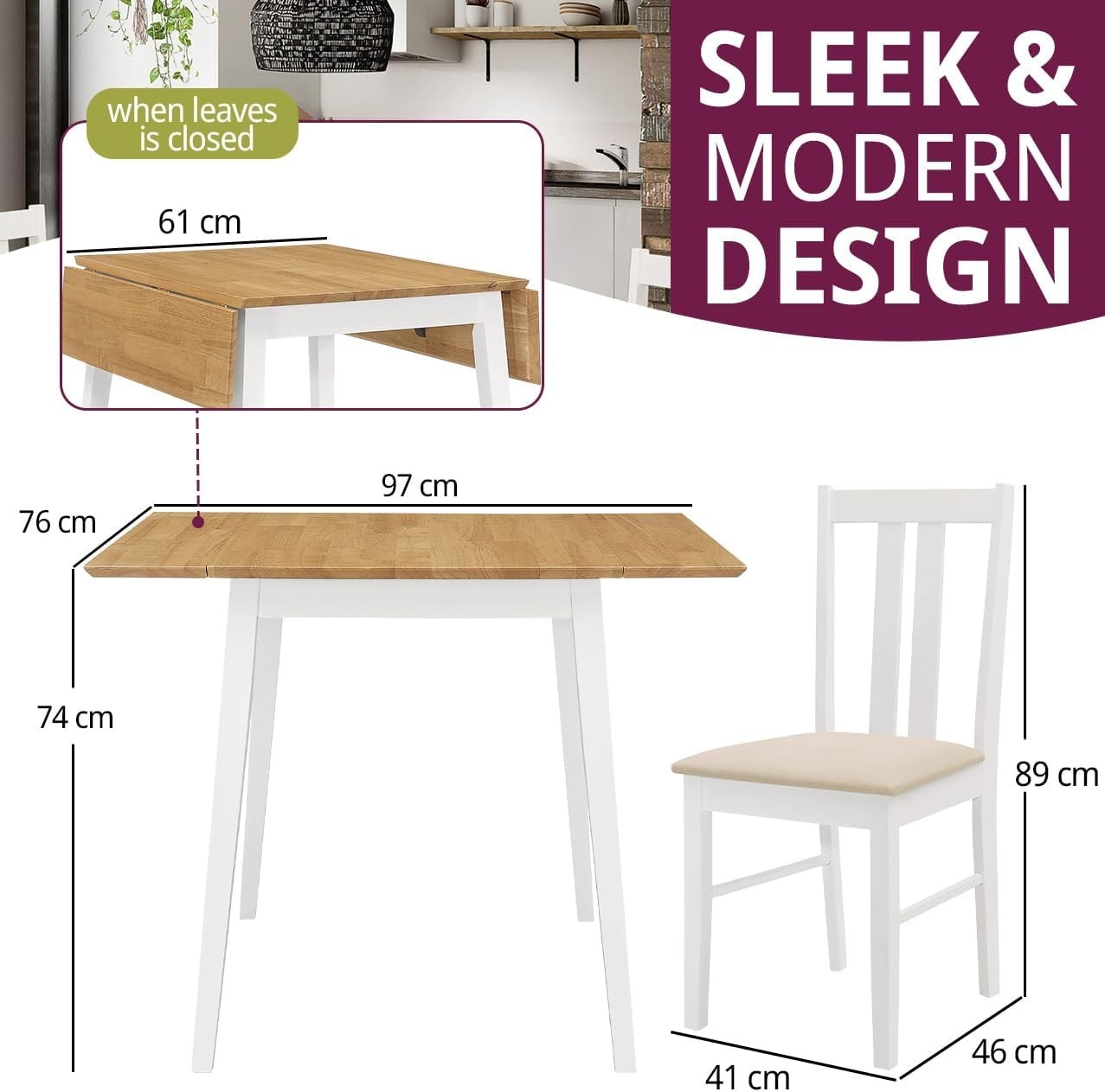 Small Drop Leaf Dining Table with 2 Chairs White & Oak Foldable Set
