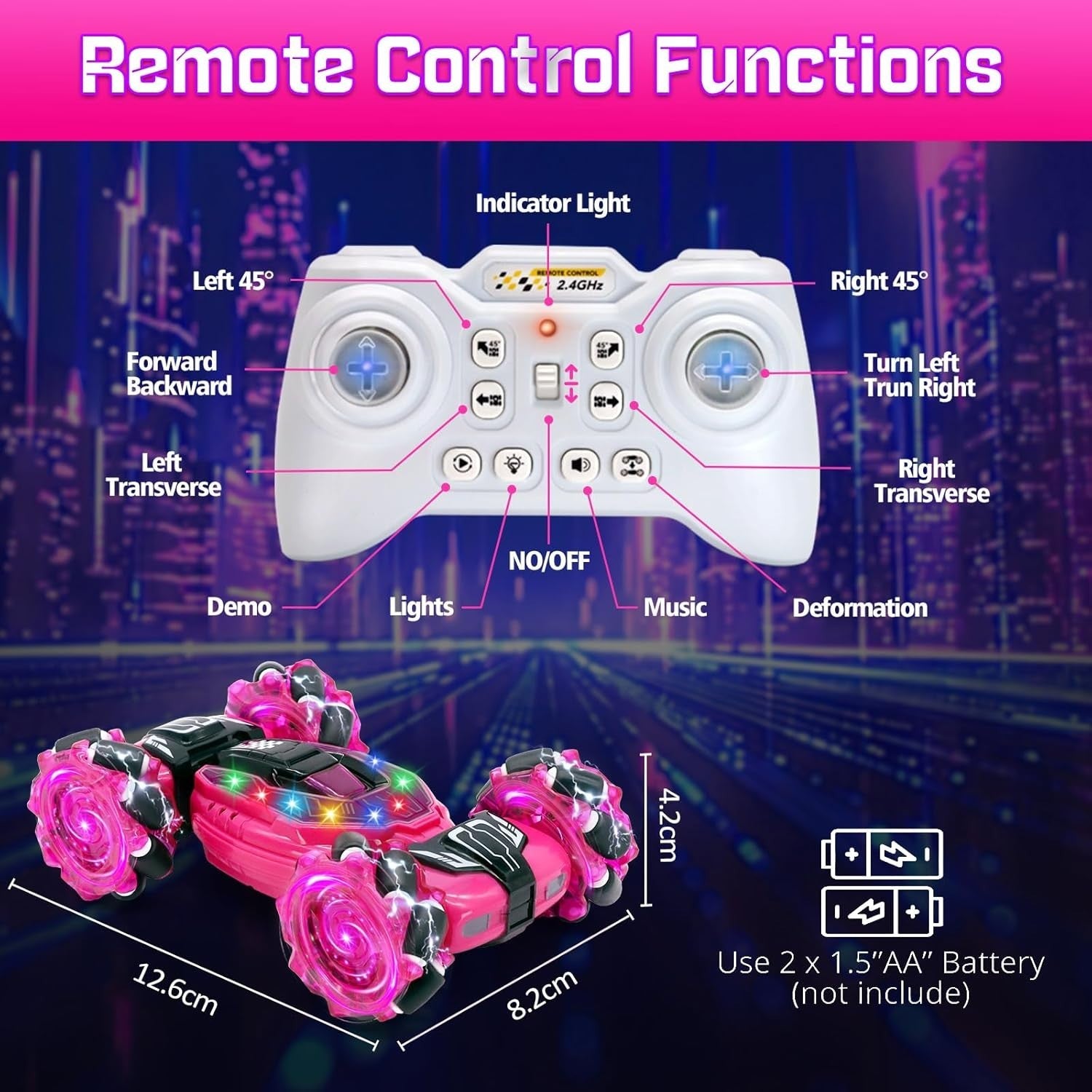 4WD RC Stunt Car 360° Flip – Pink LED Remote Toy for Kids 6–12