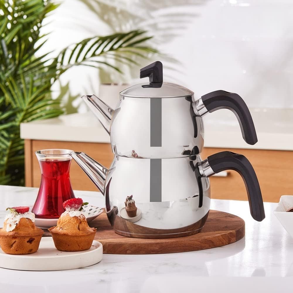 Stainless Steel Turkish Tea Pot Set 2.6L Infuser Kettle Induction