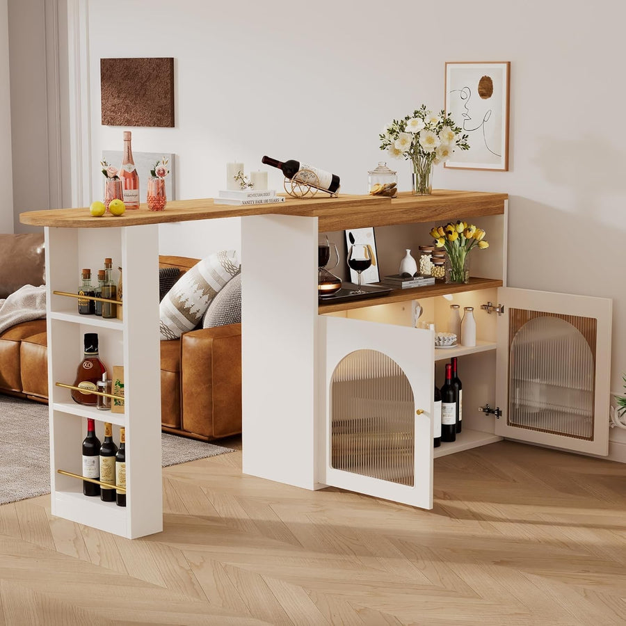 360° Swivel Bar Table LED Strip & 3 Tier Storage Shelves Modern White Furniture