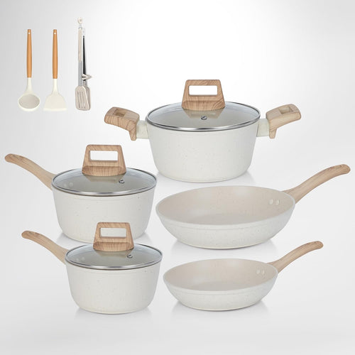 11pcs White Granite Non Stick Cookware Set Induction Safe Pots & Pans Kitchen