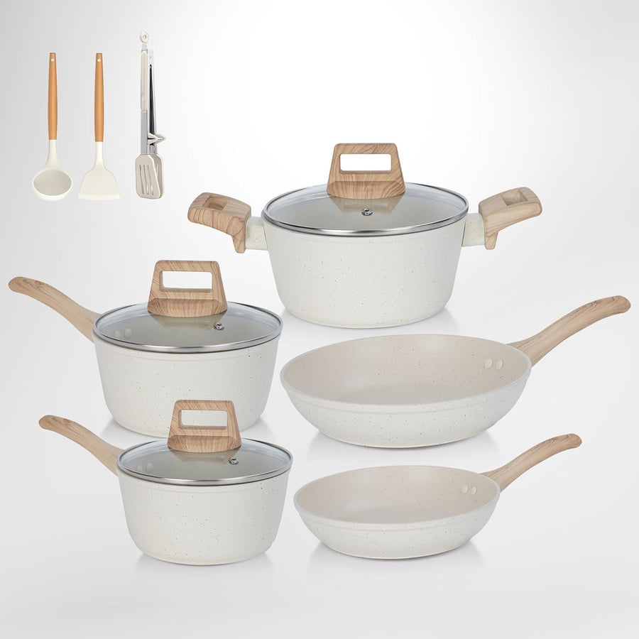 11pcs White Granite Non Stick Cookware Set Induction Safe Pots & Pans Kitchen