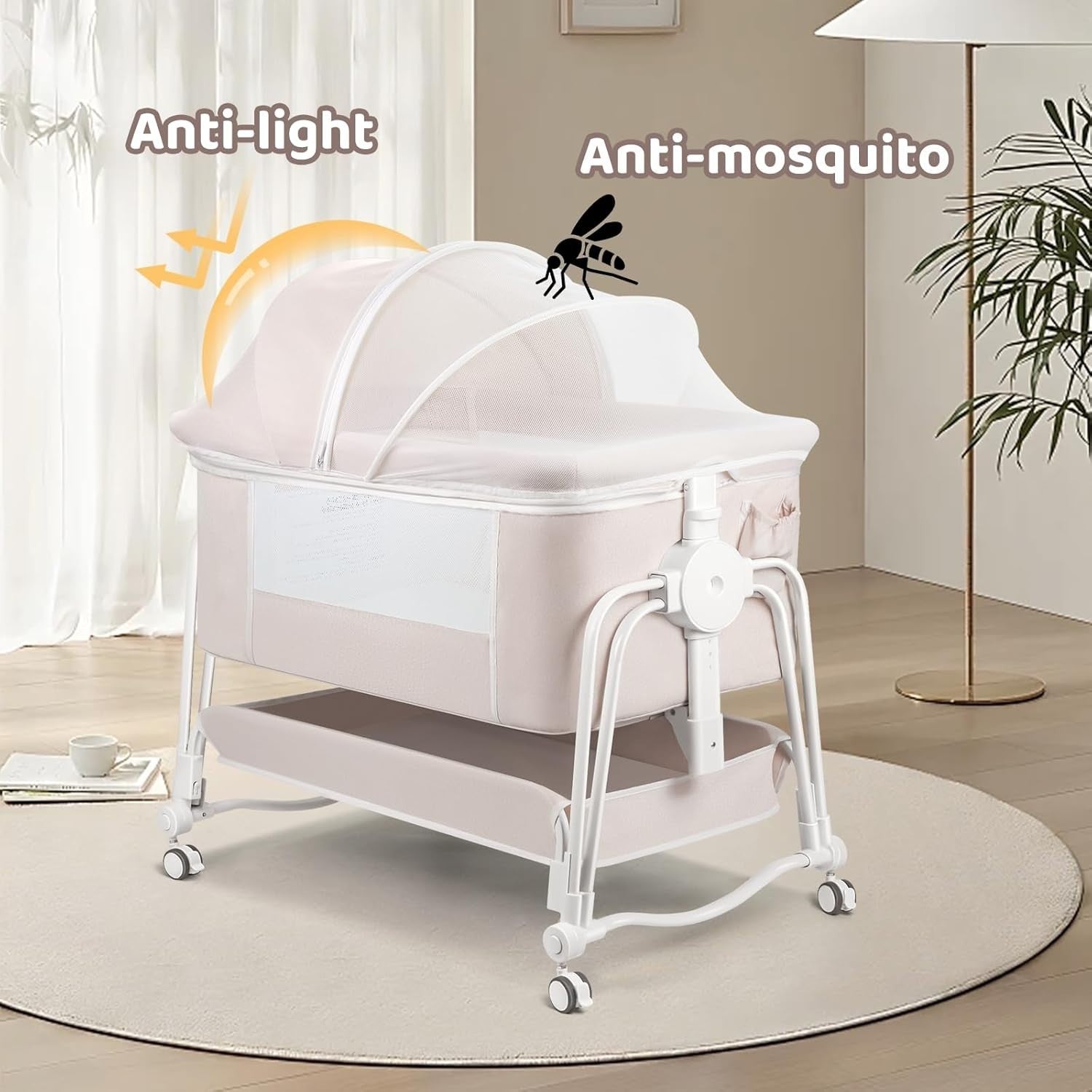 4 in 1 Baby Crib Bedside Cot with Wheels, Mosquito Net & Mattress Cream