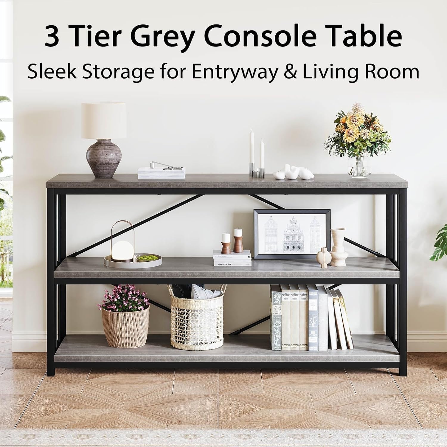 Industrial Console Table 3-Tier Storage, Metal Frame, Rustic Entryway Shelf, 140