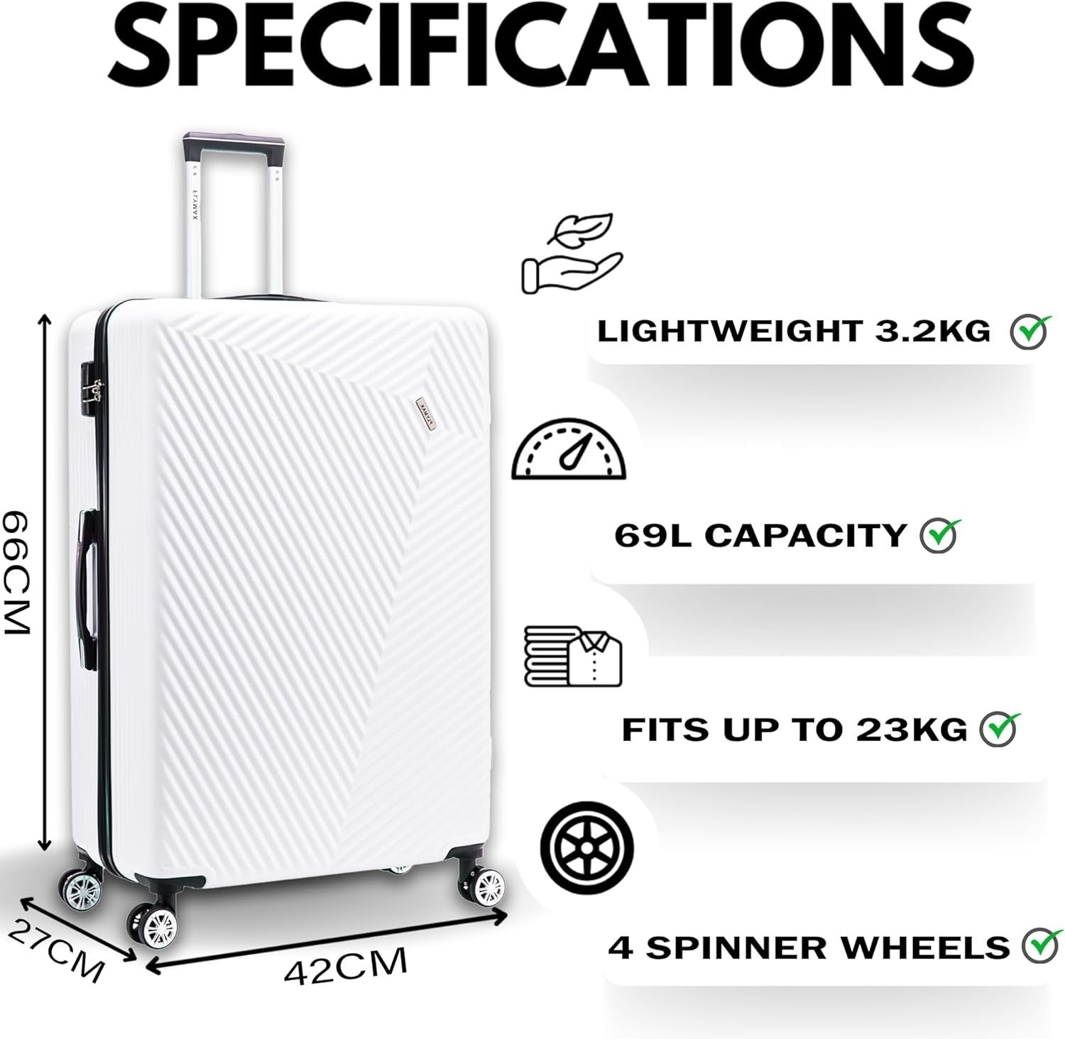 Medium Check In Luggage ABS Hard Shell 4 Wheel Lightweight Lock