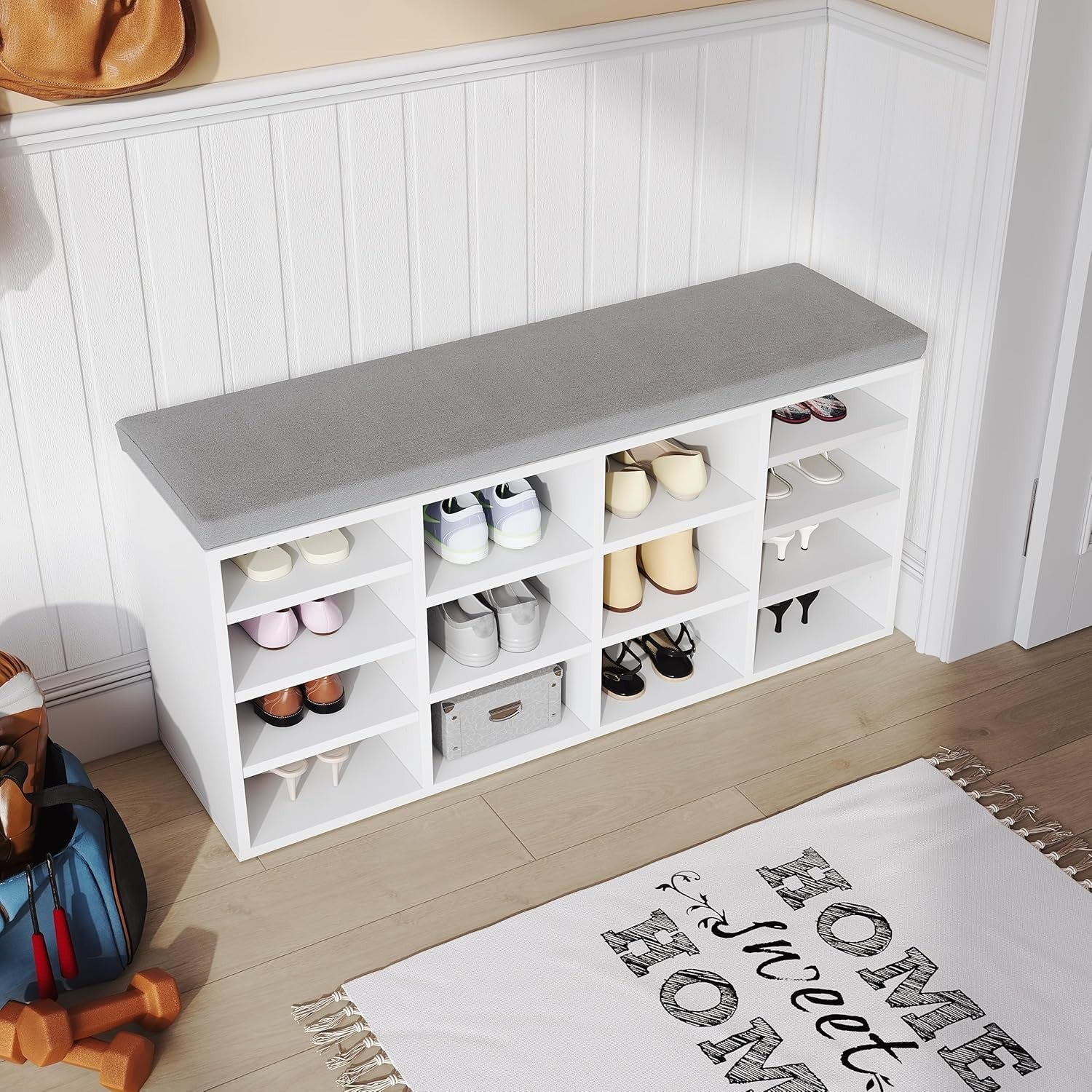 White Shoe Storage Bench with Padded Seat, 14 Compartments, Adjustable Shelves