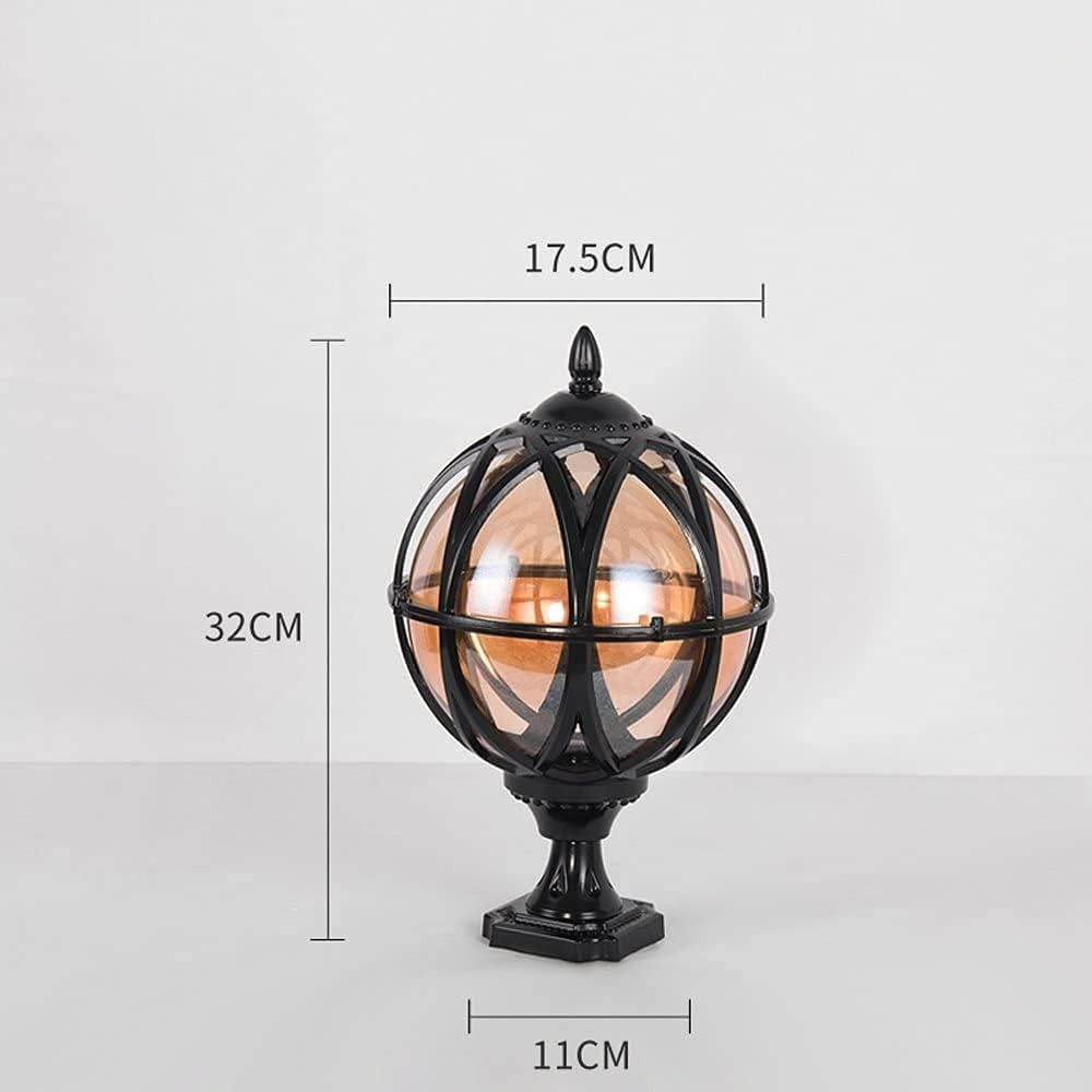Outdoor Vintage Globe Post Lantern, E27 Base, IP55 Waterproof, Black Finish