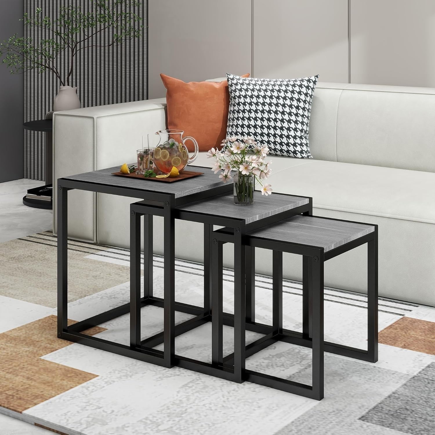 Set of 3 Grey Nesting Tables Wood Top Metal Legs Modern Living Room End