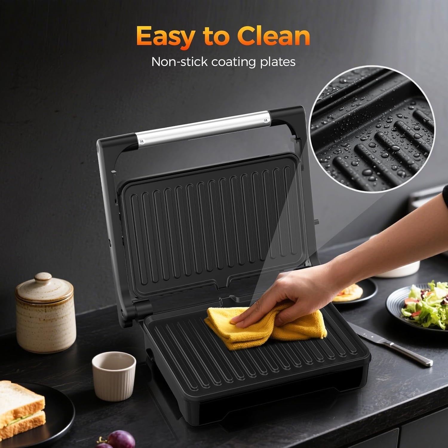 2 Slice Panini Press 1500W XXL Non Stick 28cm Silver