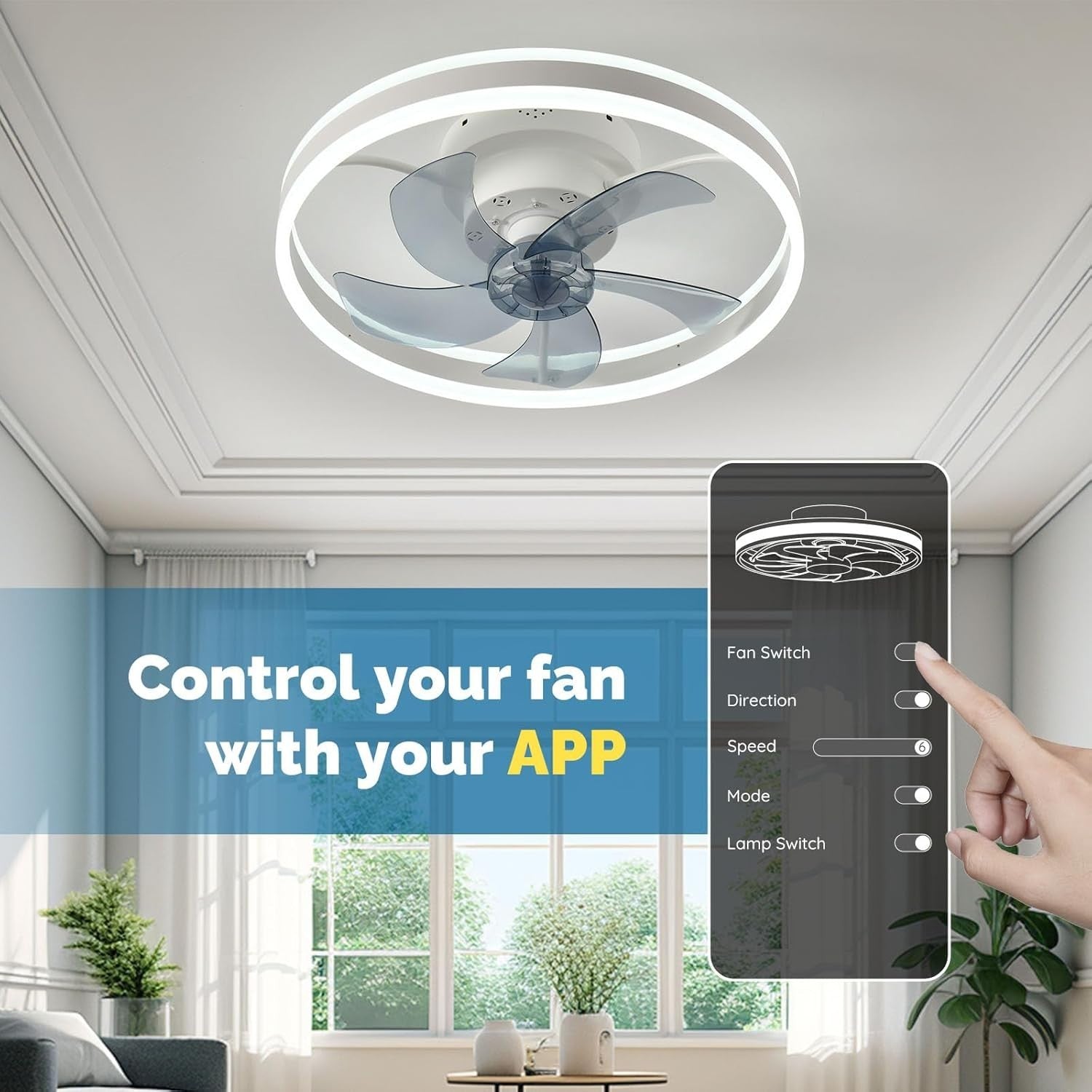20" Ceiling Fan LED Light, 6 Speeds, Dimmable, 3 Colors, Remote, White