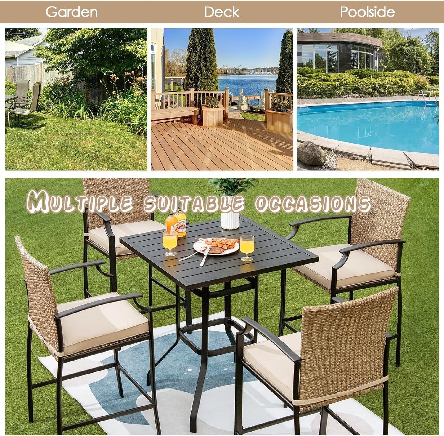 Outdoor Rattan Bar Dining Set 5 Piece High Table 4 Chairs Cushions Patio
