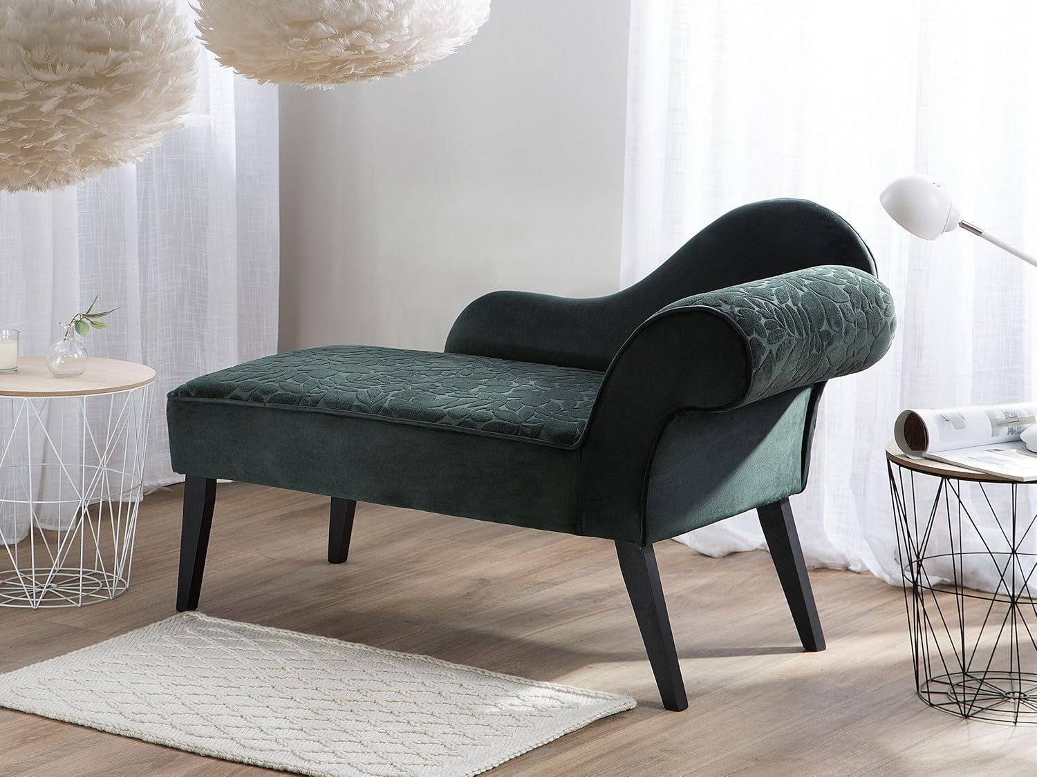 Vintage Green Floral Chaise Lounge Sofa Curved Back Velvet Seat Glam Look