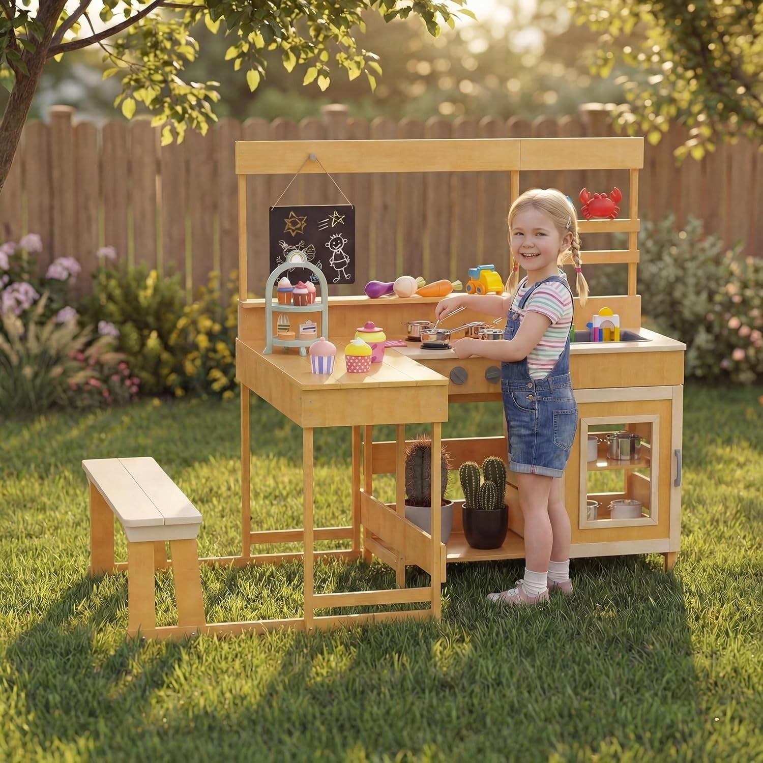 Kids Mud Kitchen Outdoor Wooden Play Kitchen Picnic Table Natural