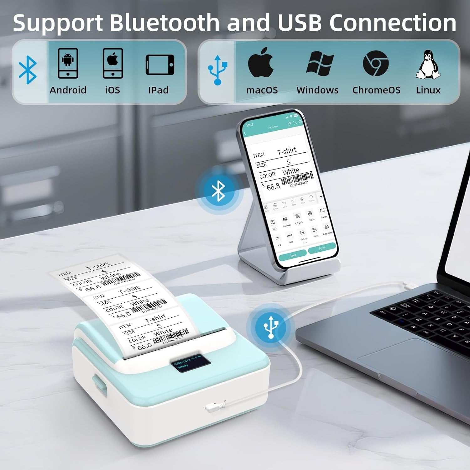 T003 Thermal Label Maker – Bluetooth & USB Mini Portable Printer 20-75mm