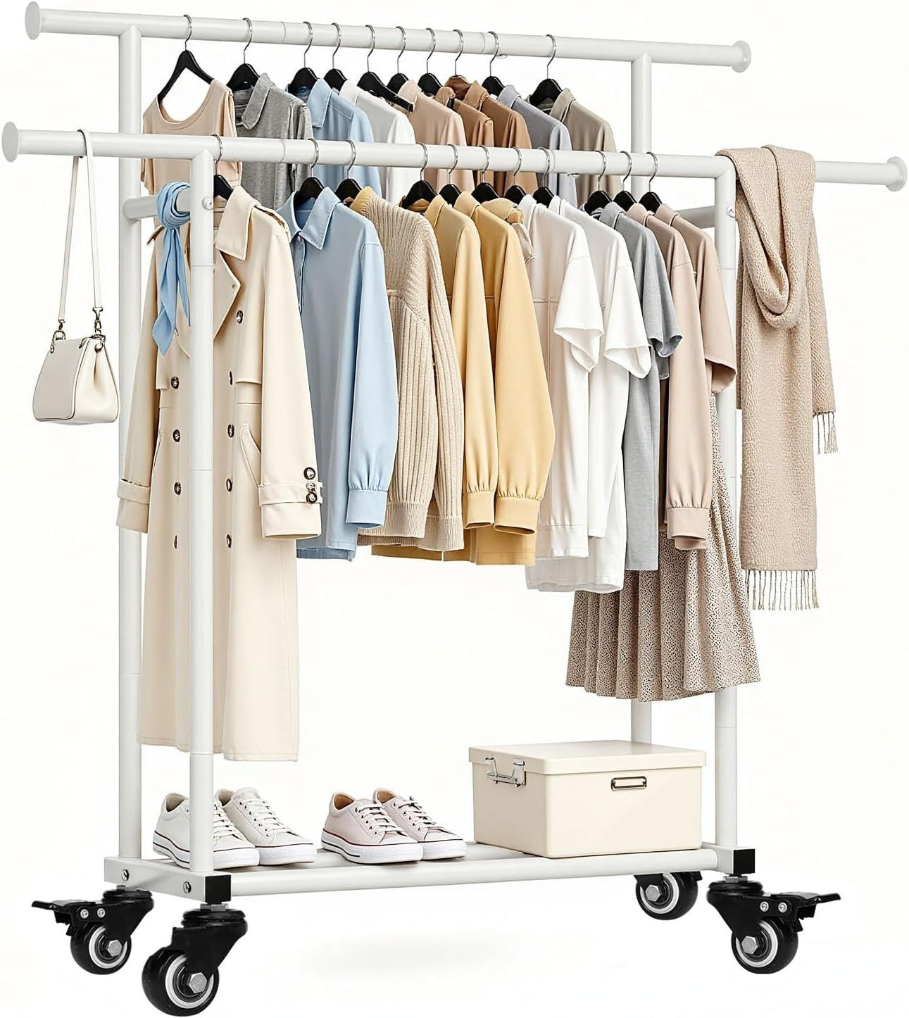 Heavy Duty Double Rail Clothes Rack with Wheels & Shelf – White