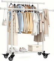 Heavy Duty Double Rail Clothes Rack with Wheels & Shelf – White