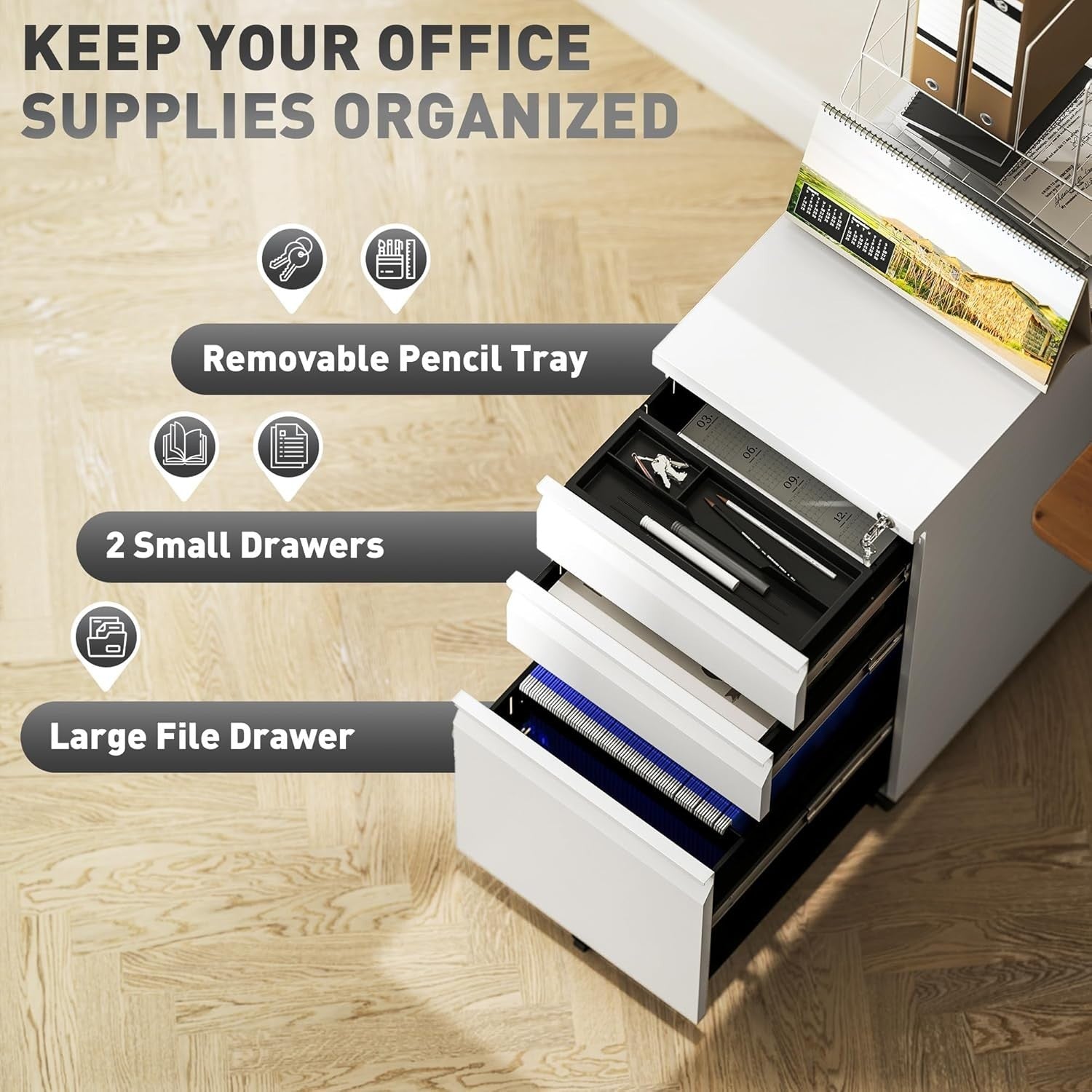 White 3 Drawer Lockable File Cabinet 30x43.5x60cm Mobile Cabinet