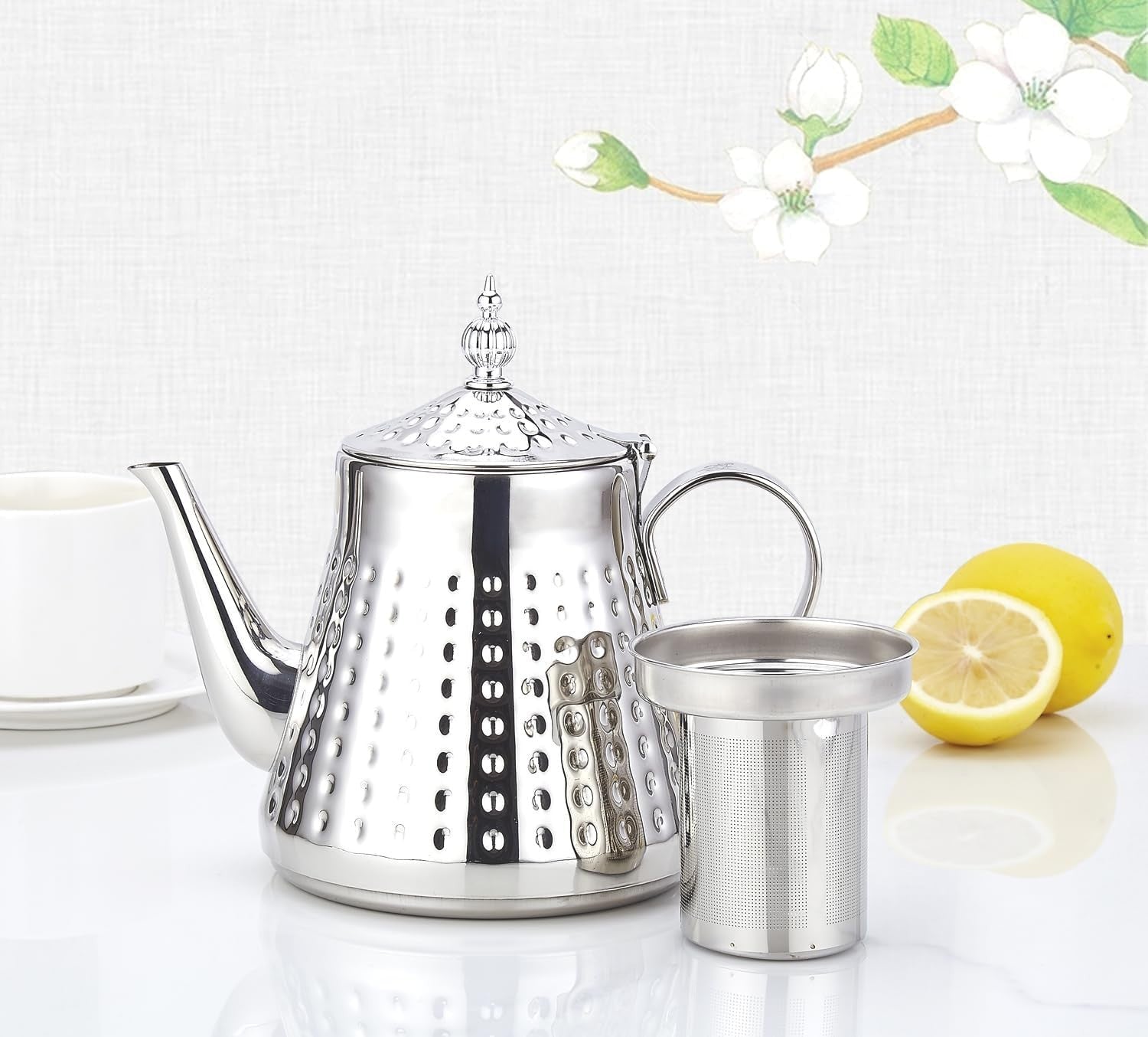 Stainless Steel Teapot 40oz 1.2L Tea Pot w/ Infuser Hammered Finish