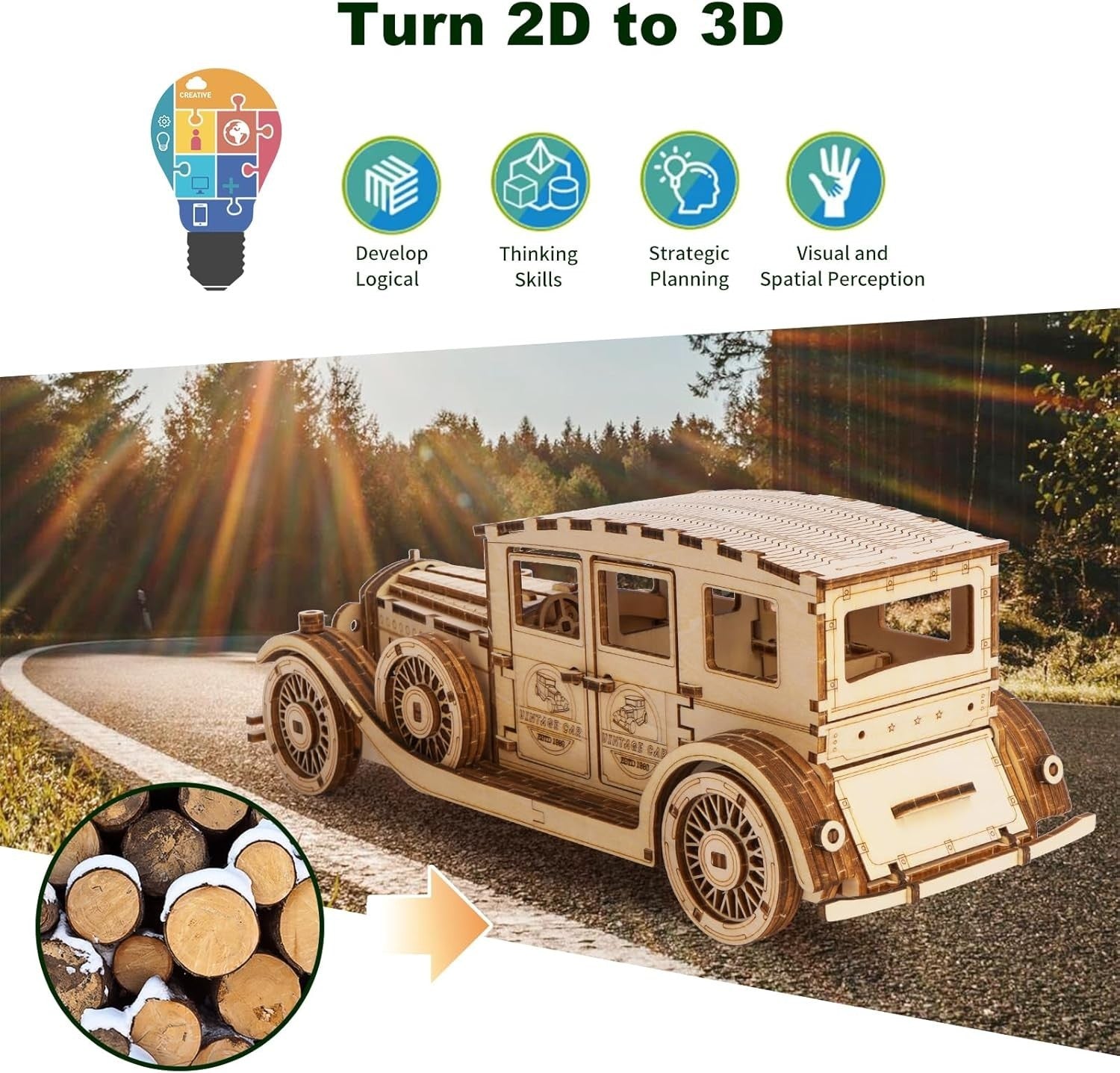 187pc Vintage Car 3D Wooden Puzzle DIY Mechanical Model Kit Build