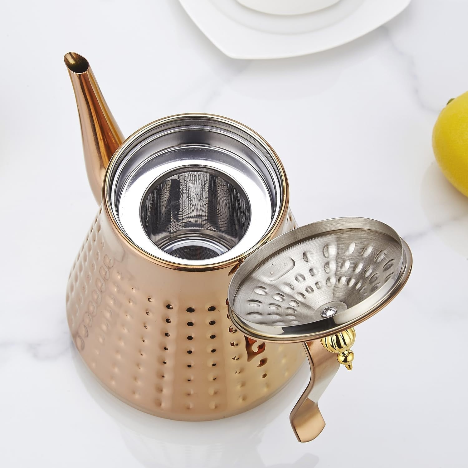 Copper Stainless Steel Teapot 40oz 1.2L w/ Infuser Hammered Finish