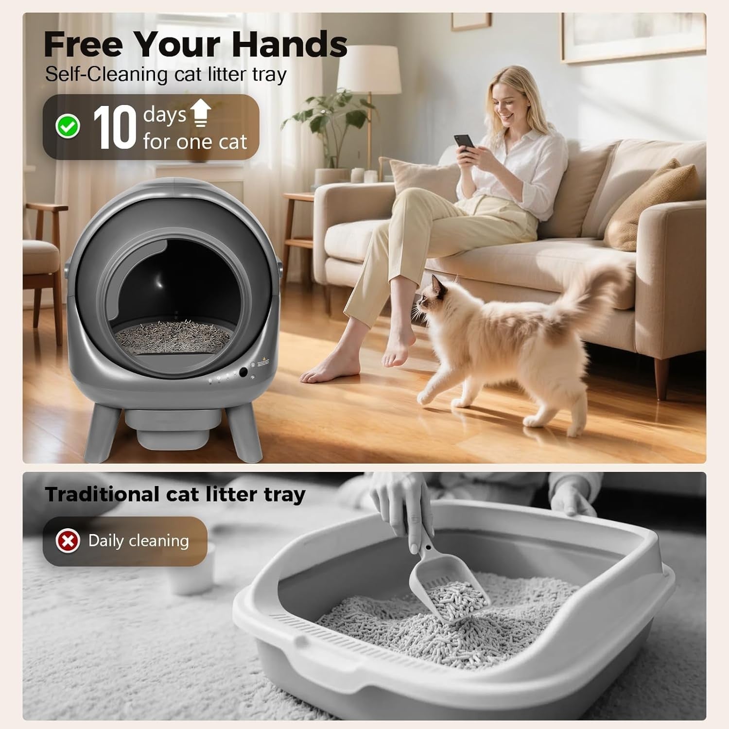 XXL Self Cleaning Cat Litter Box App Control Odor Free Multi Cat