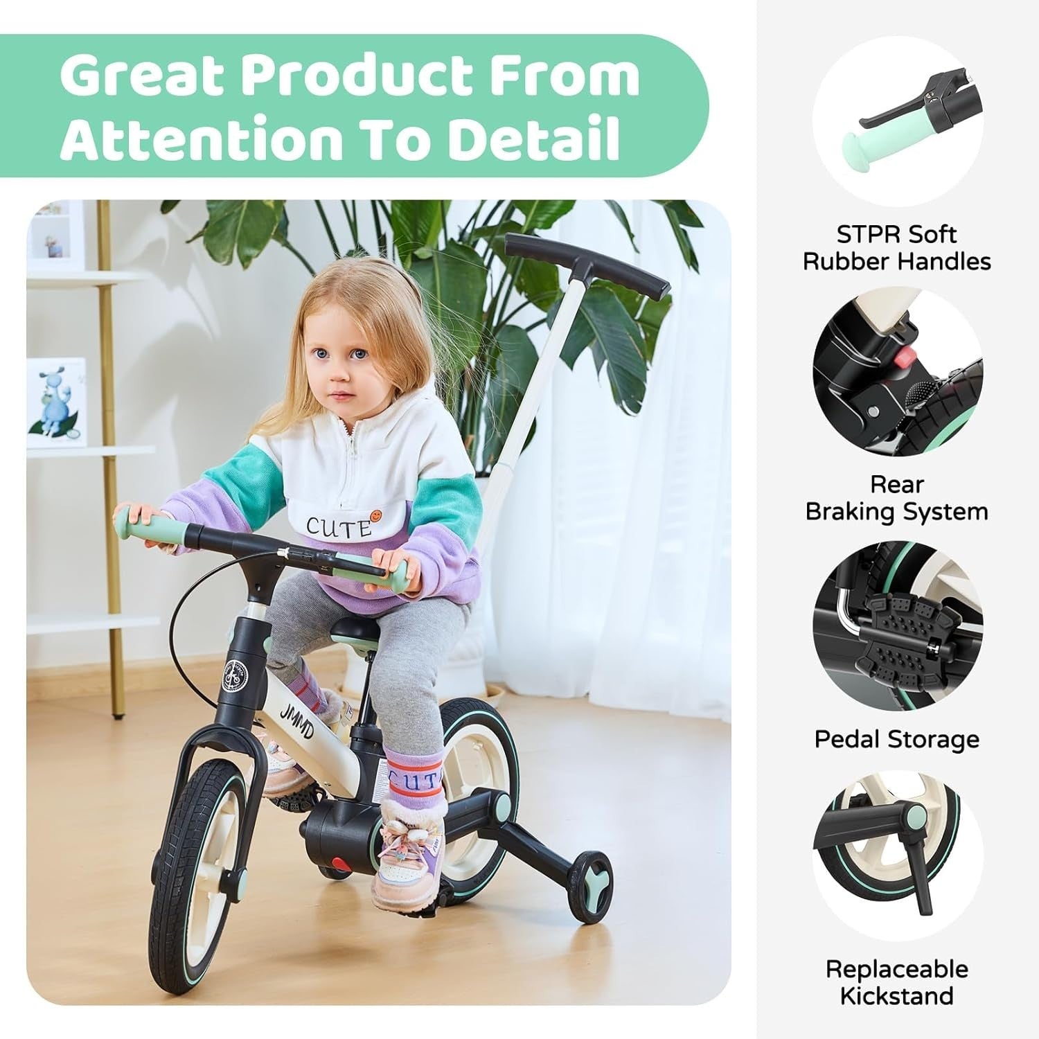 6 in 1 Toddler Bike Balance Pedal Bike Foldable Training Wheels Mint