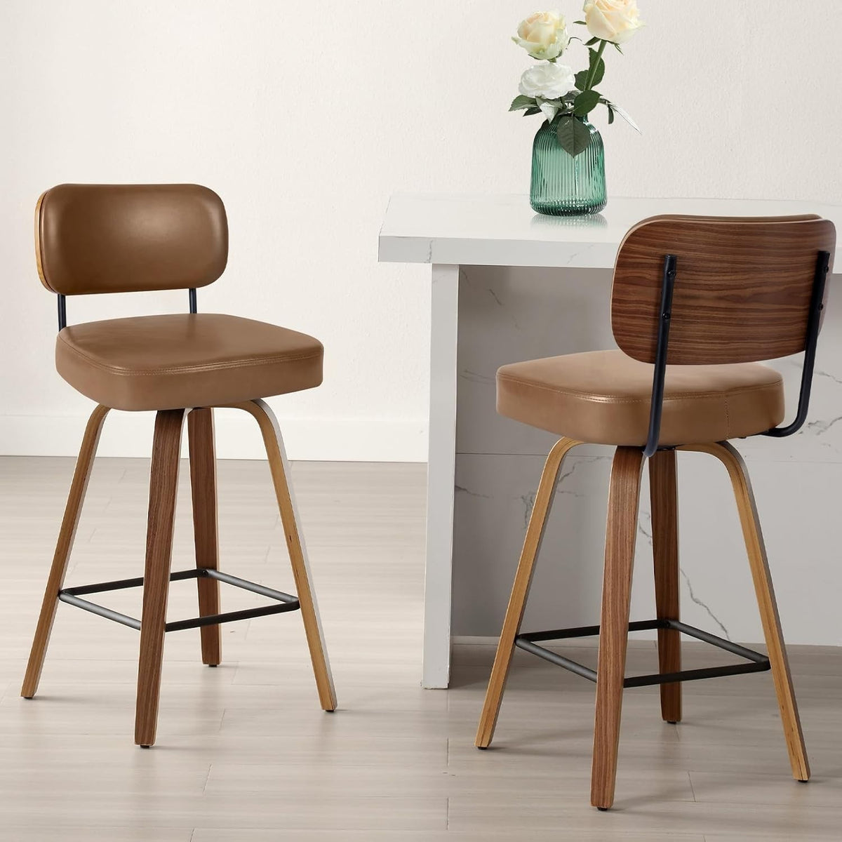 Brown PU Leather Swivel Bar Stools Set of 2 | Wooden Counter Chairs